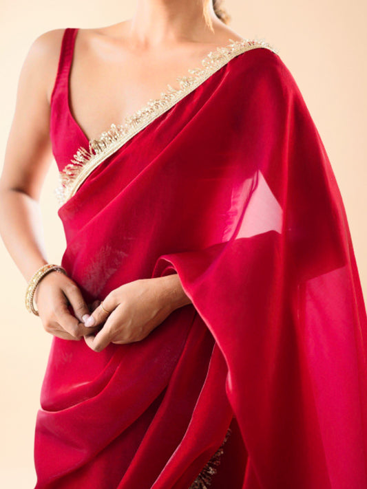 Red ready-to-wear saree for short height women, no draping needed