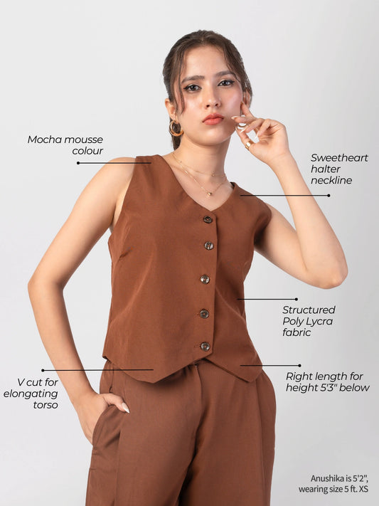 Detail of mocha coord showing tailored polyester lycra fit for petite frames