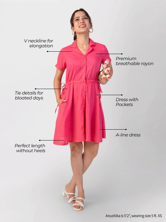 Side view of pink petite midi dress for short height women