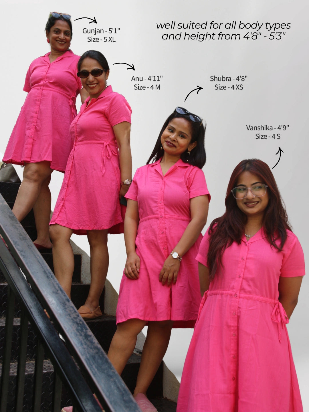 Petite midi dress fit guide for women under 5'3 in pink