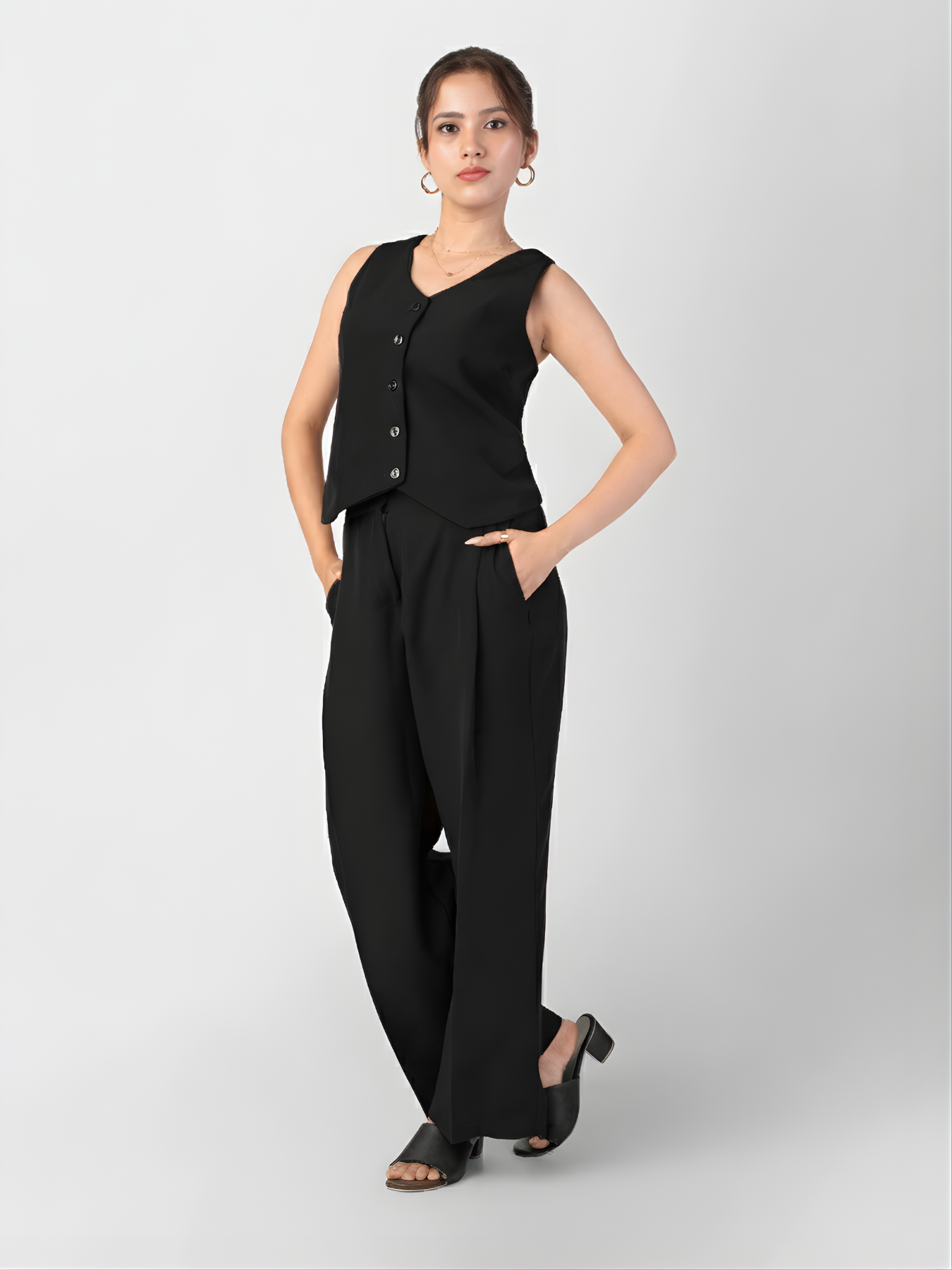 Side view of black petite formal blouse for short height women