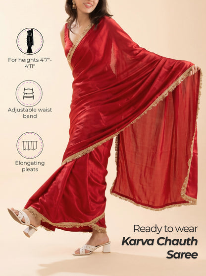 Alia Bhatt inspired red pre-draped saree for petite women, ready to wear