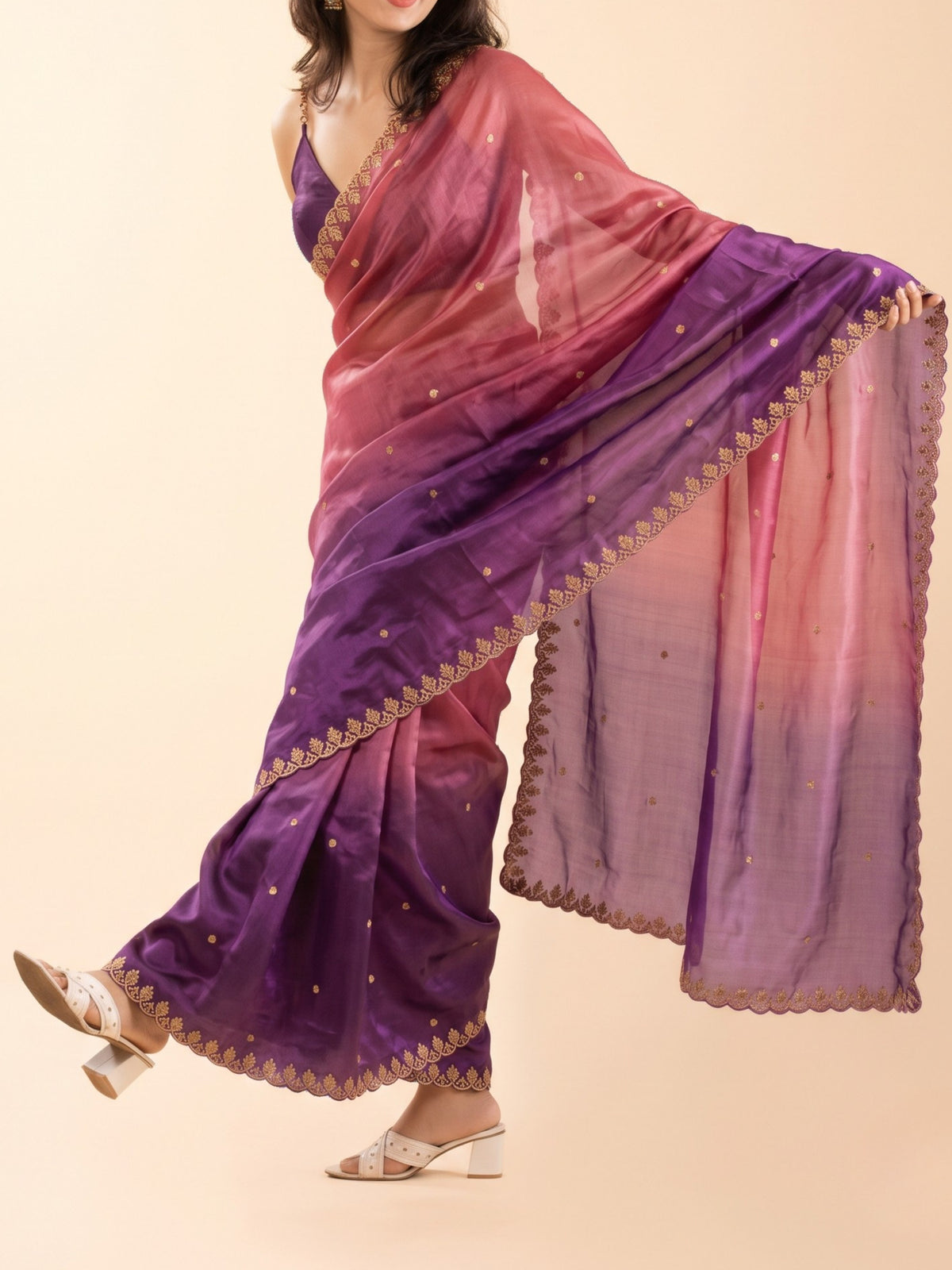 Yami Gautam inspired coral pink and purple pre-draped saree for petite women, ready to wear
