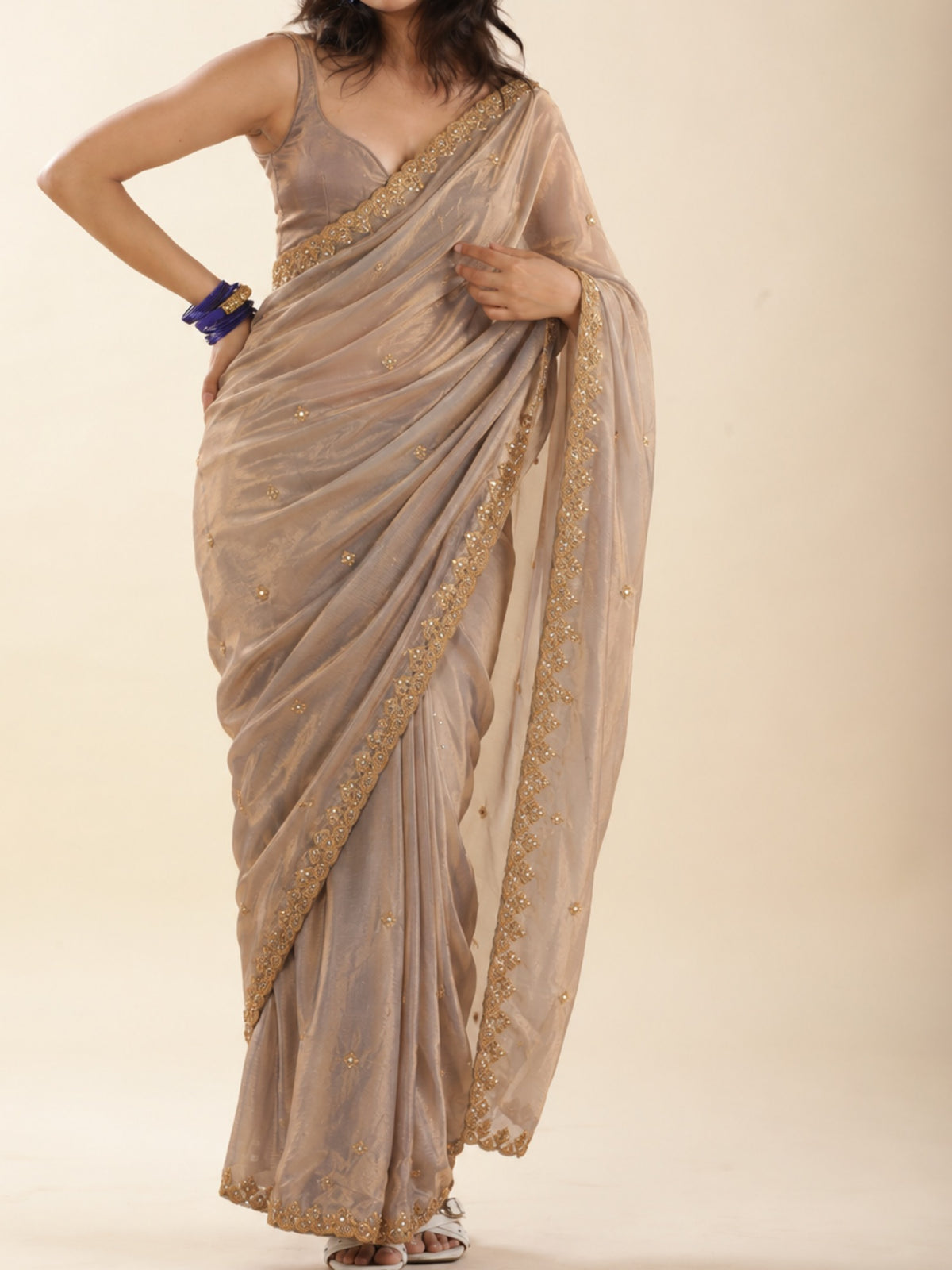Priyanka Chopra inspired champagne beige pre-draped saree for petite women, ready to wear