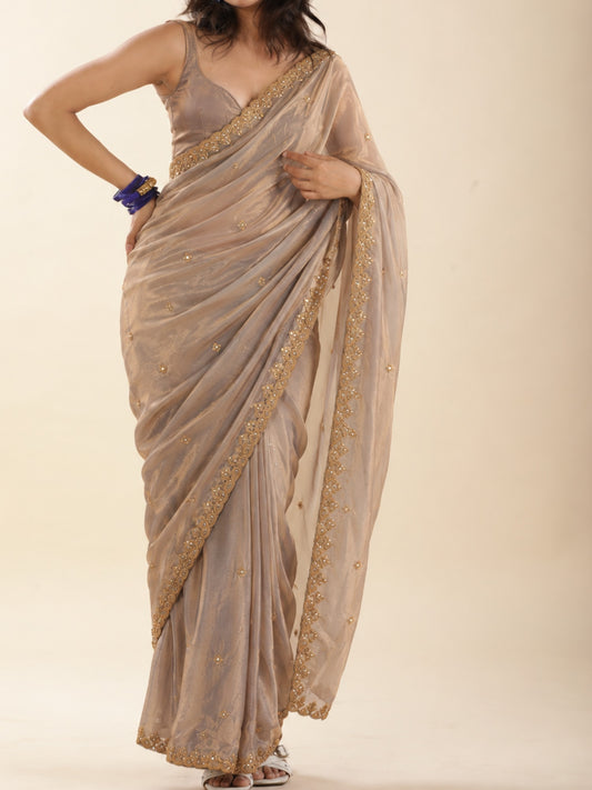 Priyanka Chopra inspired champagne beige pre-draped saree for petite women, ready to wear