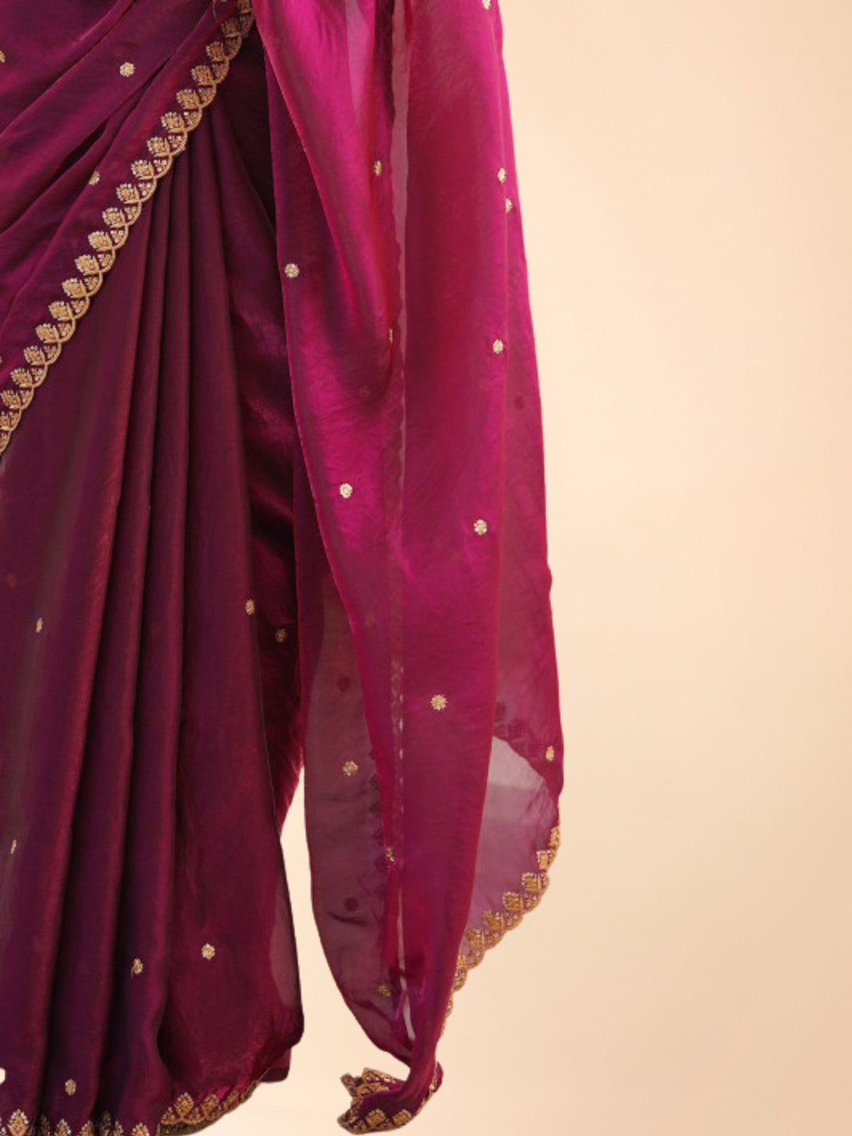Bollywood style wine magenta saree for petite Indian women with adjustable waist
