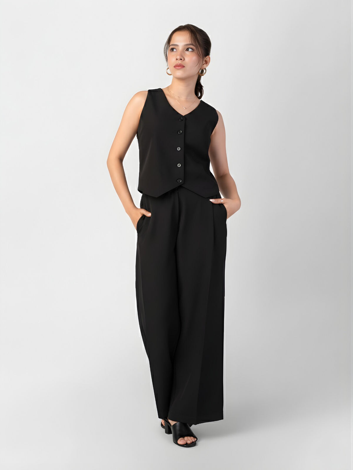 Black tailored waistcoat with wide-leg trousers for short height women, office wear