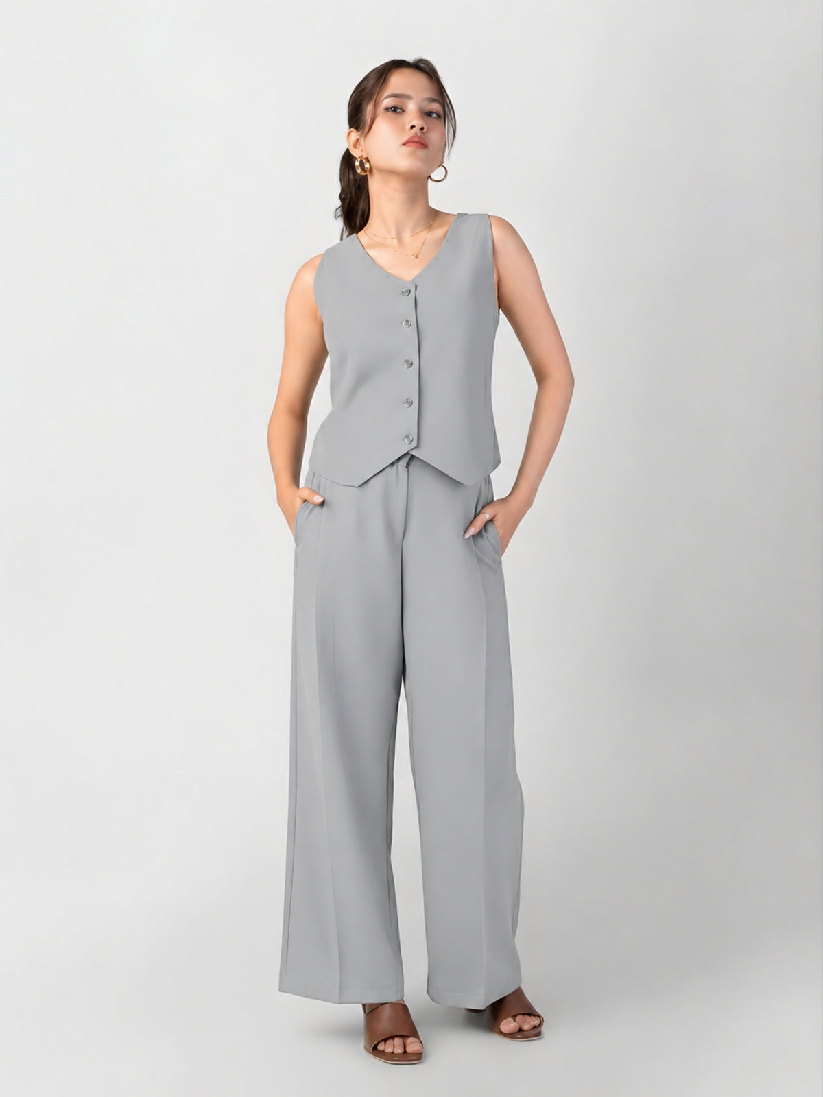Grey waistcoat and wide-leg trousers set for women 5 feet 3 and under, no alterations needed