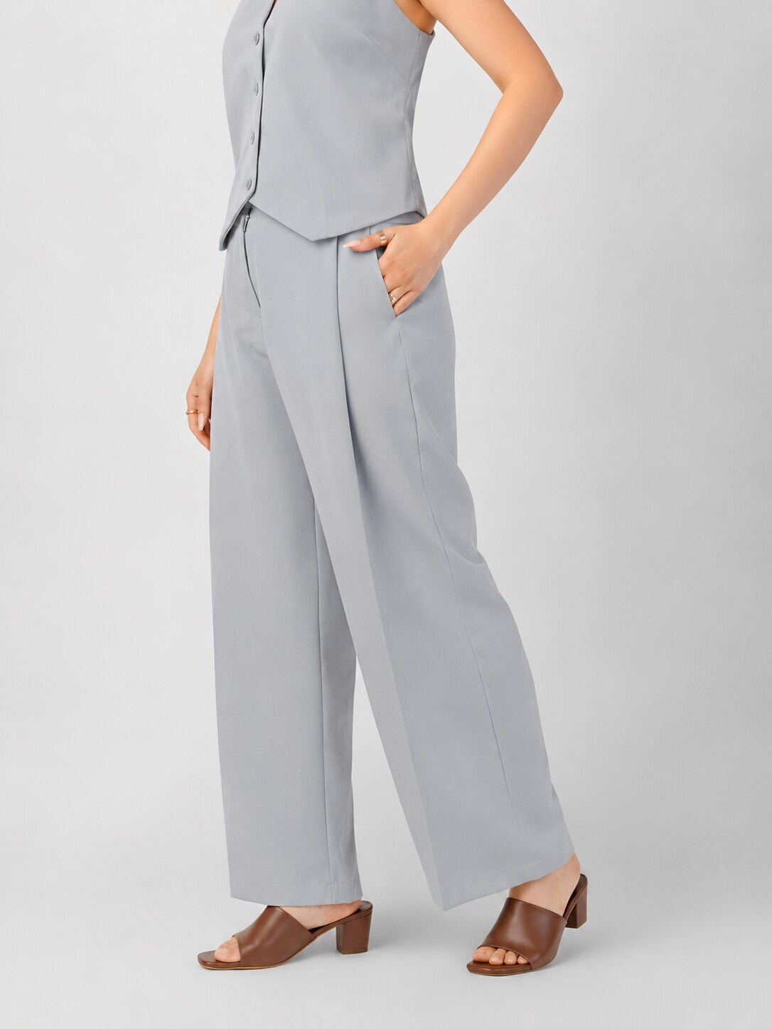 Grey high-waisted wide-leg trousers with pleats for short girls, side view