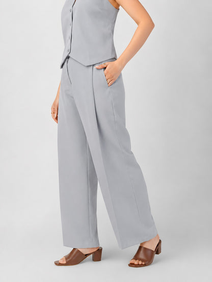 Grey high-waisted wide-leg trousers with pleats for short girls, side view