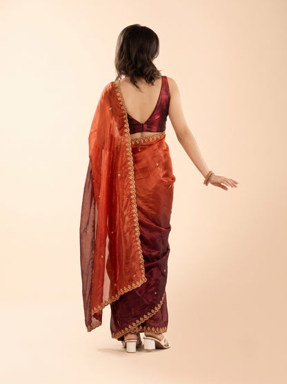 Karwa Chauth saree for women 5 feet and under, pre-stitched rust orange and maroon ombre with embroidered scalloped border