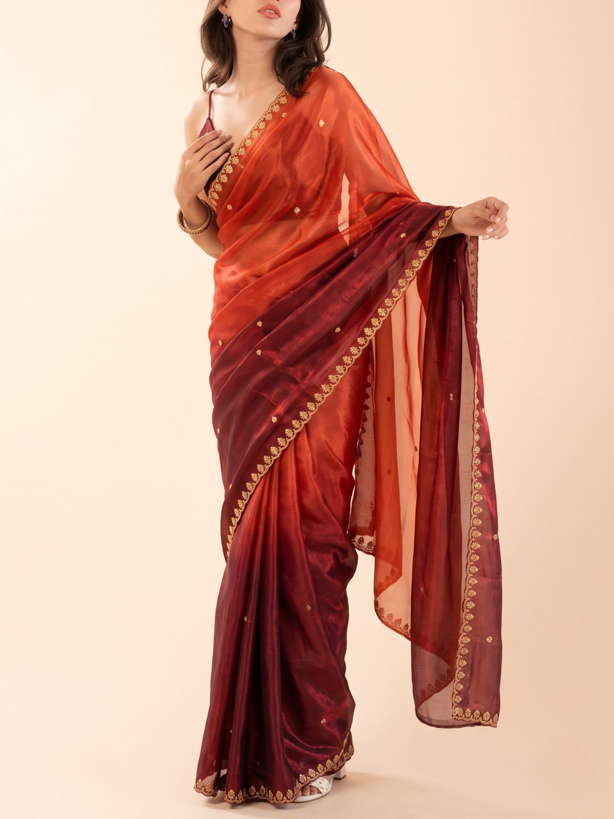 Rust orange and maroon ombre ready-to-wear saree for short height women, no draping needed