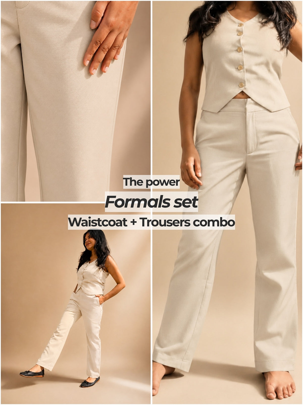 Petite beige formal co-ord set for short height women, waistcoat and straight-fit trousers for office wear