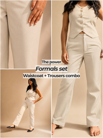 Petite beige formal co-ord set for short height women, waistcoat and straight-fit trousers for office wear