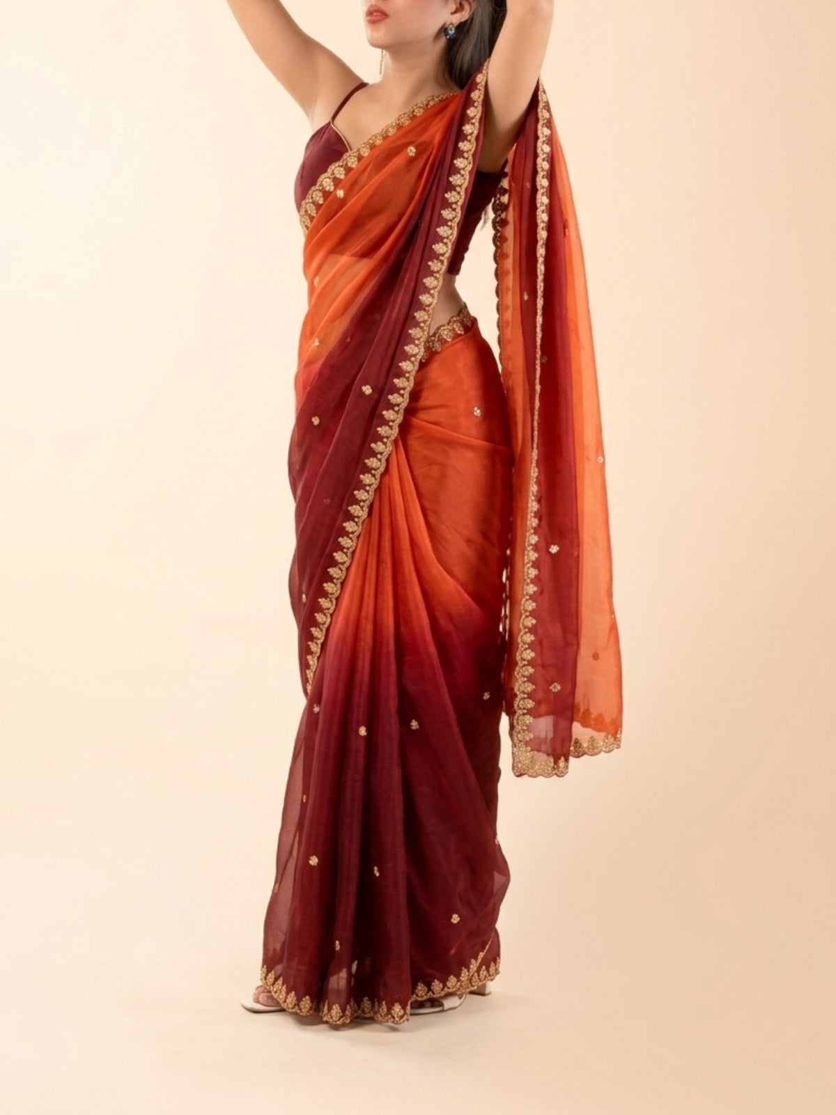 Pre-draped rust orange and maroon ombre saree with golden embroidered scalloped border, petite length for short girls