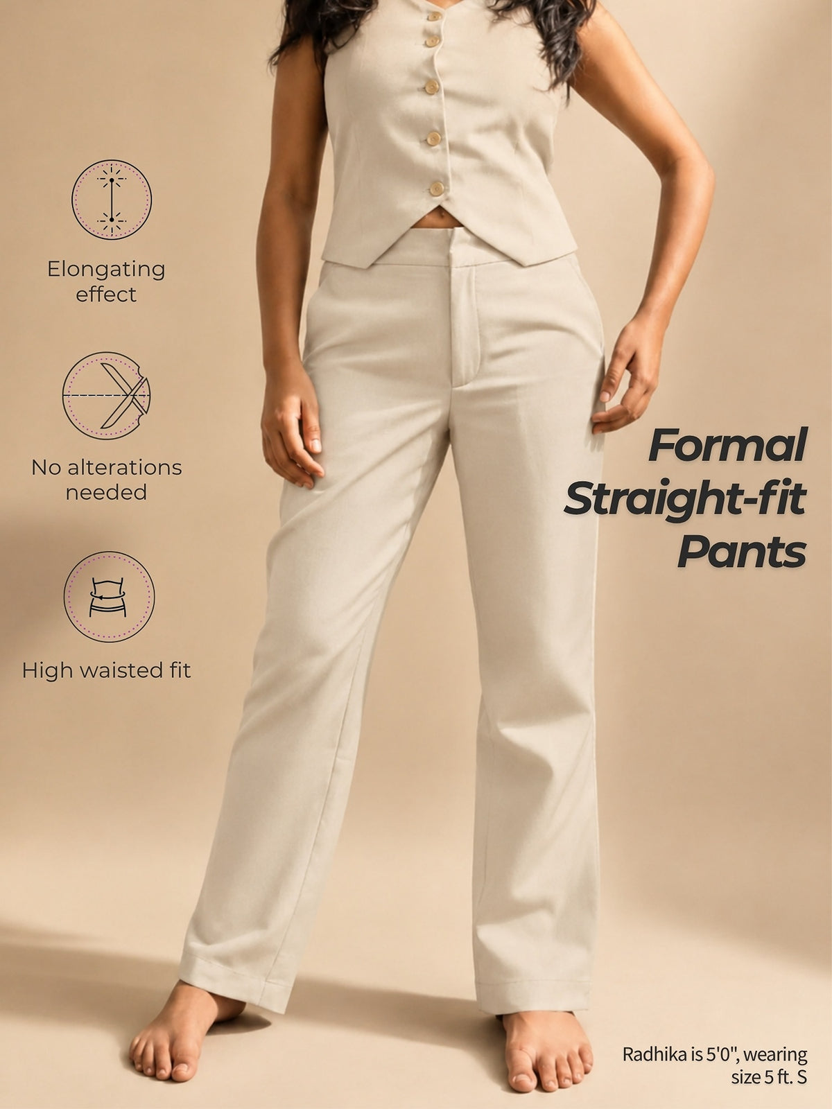 Beige waistcoat and straight-fit trousers set for women 5 feet and under, no alterations needed