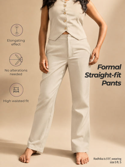 Beige waistcoat and straight-fit trousers set for women 5 feet and under, no alterations needed