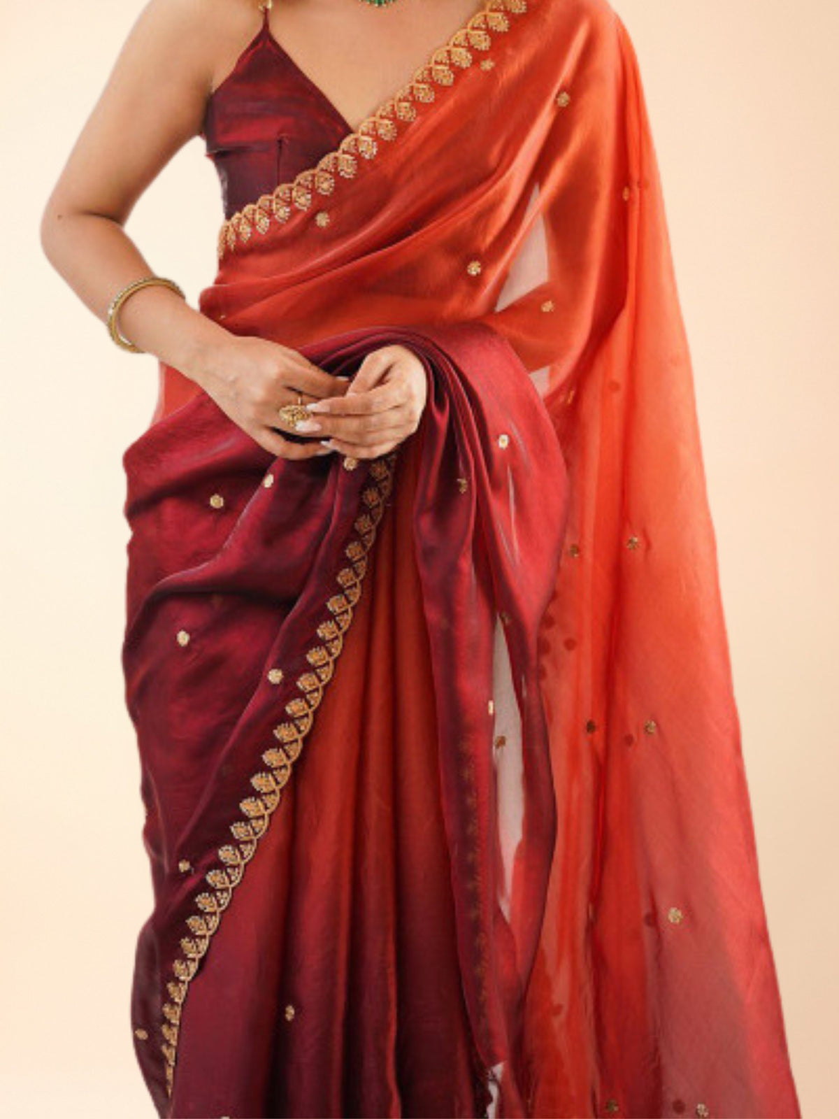 Madhuri Dixit inspired rust orange and maroon ombre pre-draped saree for petite women, ready to wear