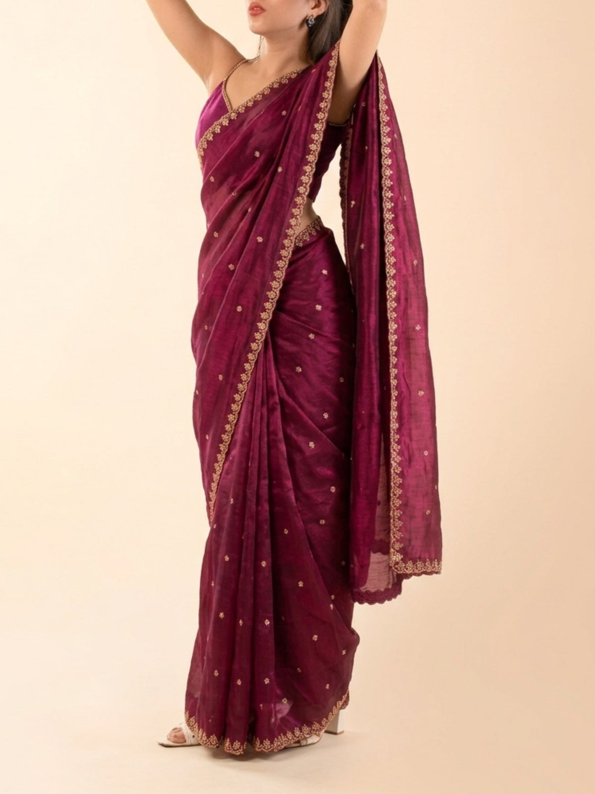 Bhumi Pednekar inspired wine magenta pre-draped saree for petite women, ready to wear
