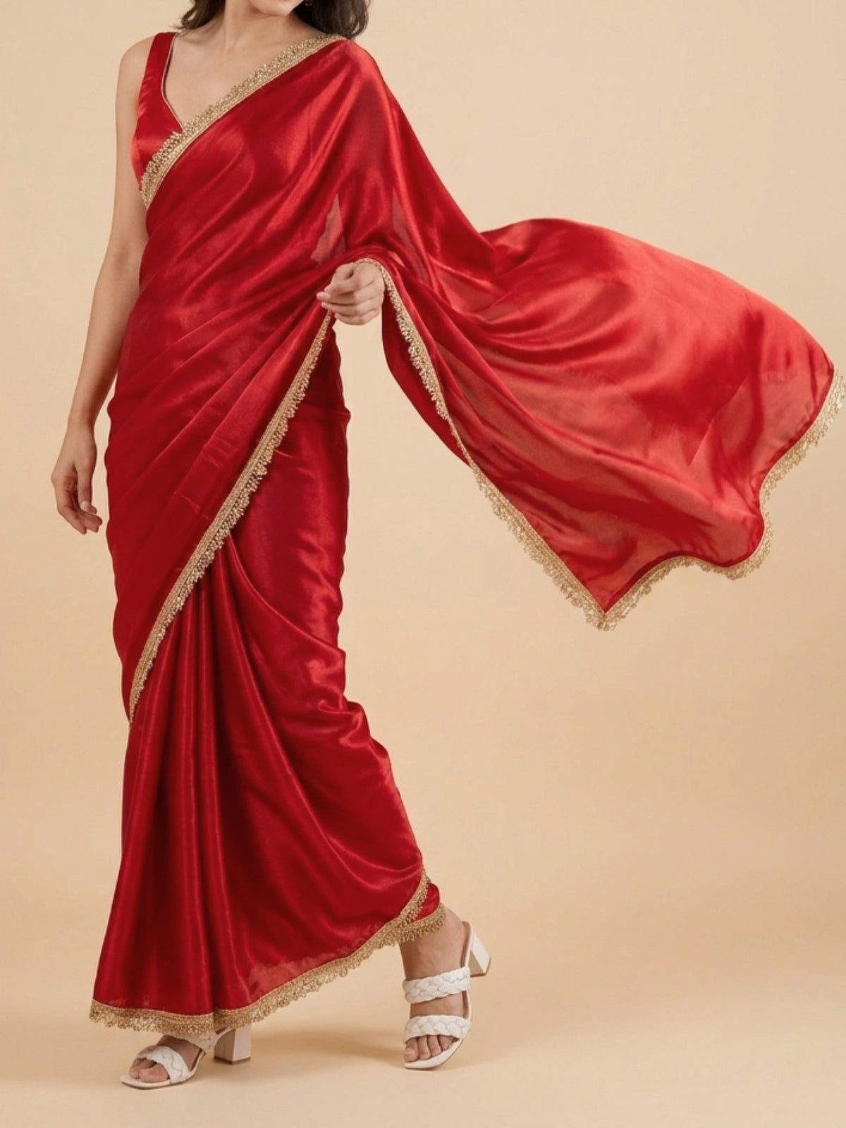 Karva Chauth saree for women 5 feet and under, pre-stitched red with gota patti border
