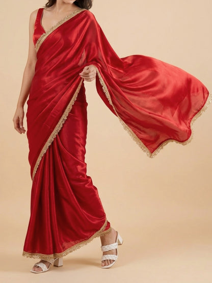 Karva Chauth saree for women 5 feet and under, pre-stitched red with gota patti border