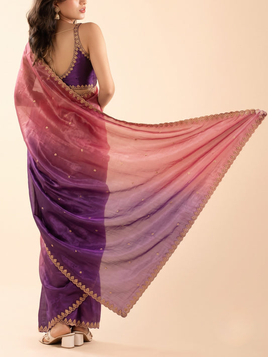 Coral pink and purple ready-to-wear saree for short height women, no draping needed