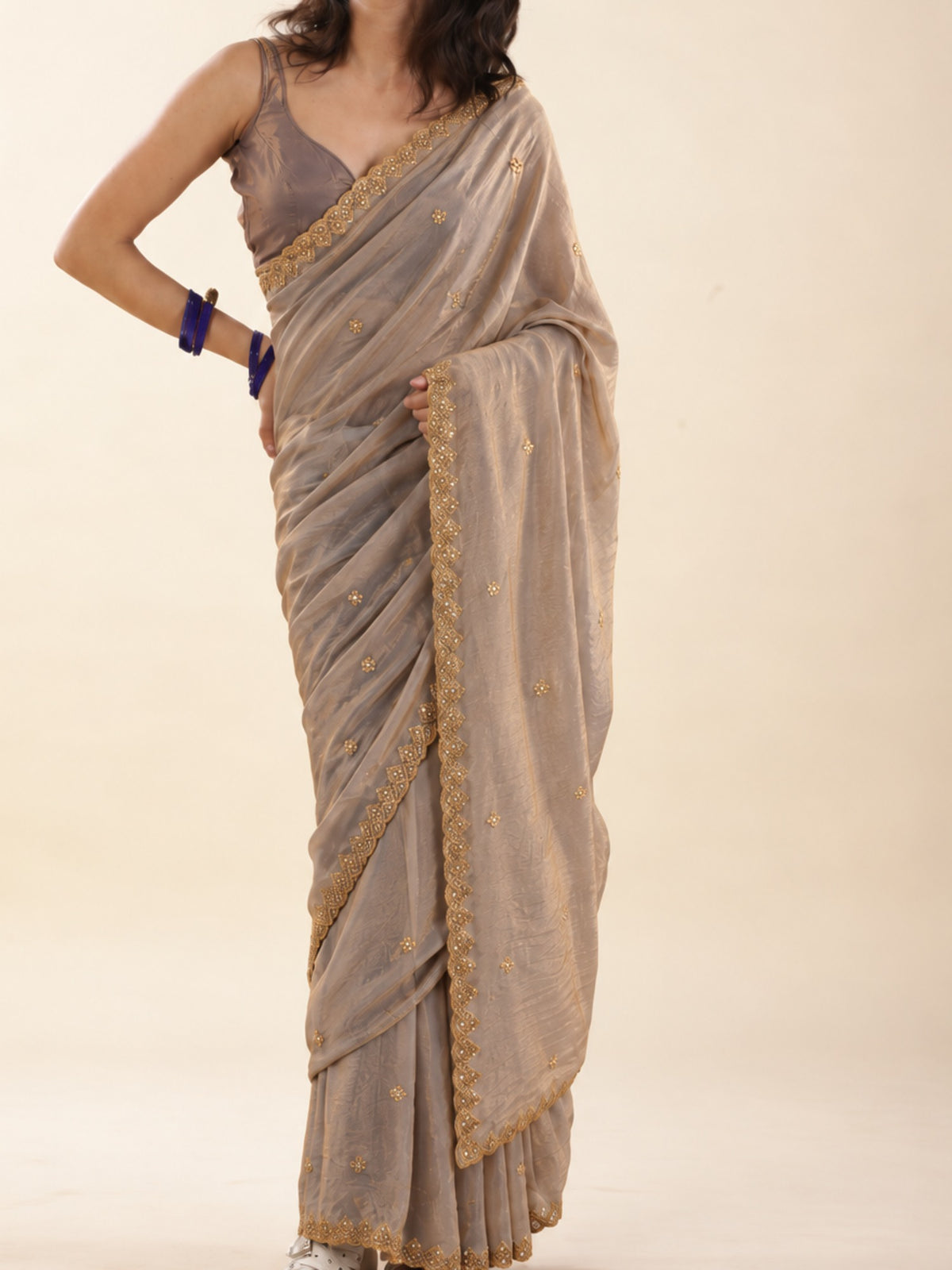 Champagne beige ready-to-wear saree for short height women, no draping needed
