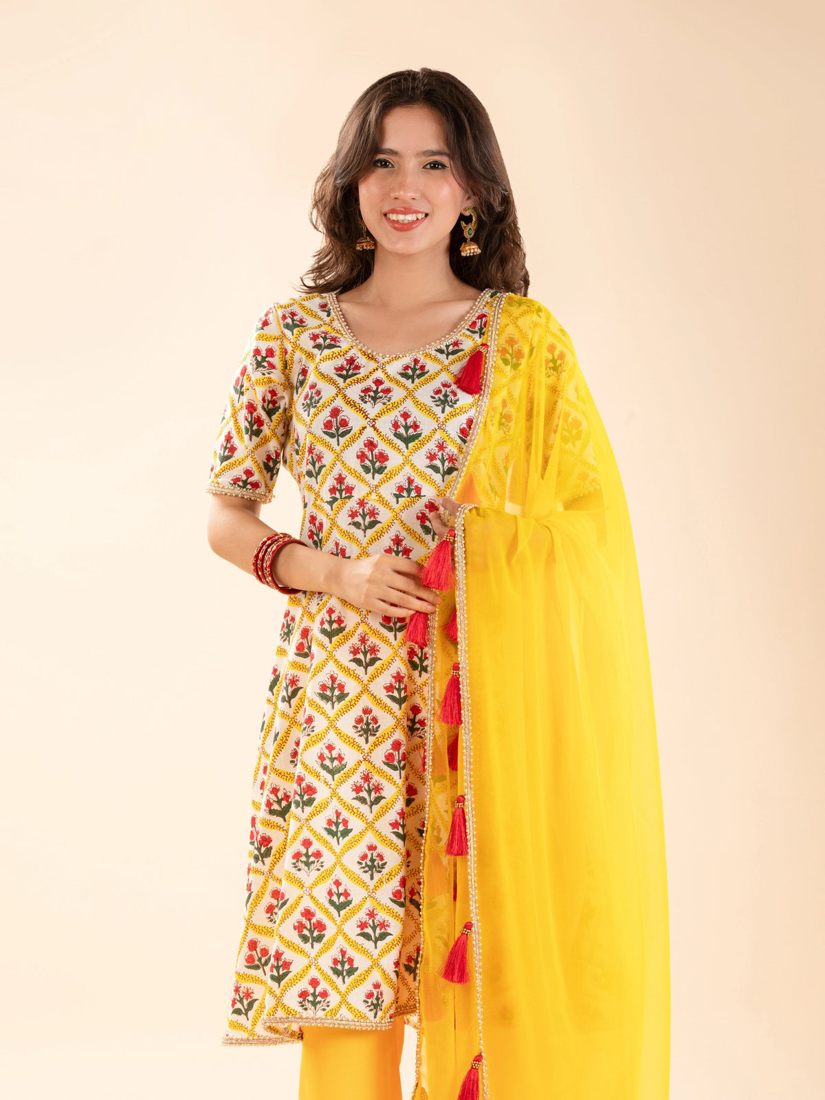 Yellow Kesariya anarkali for women under 160 cm, no alterations needed