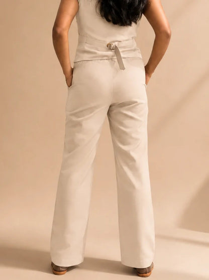 Beige formal set for petite Indian women, tailored waistcoat and straight-fit trousers, back view