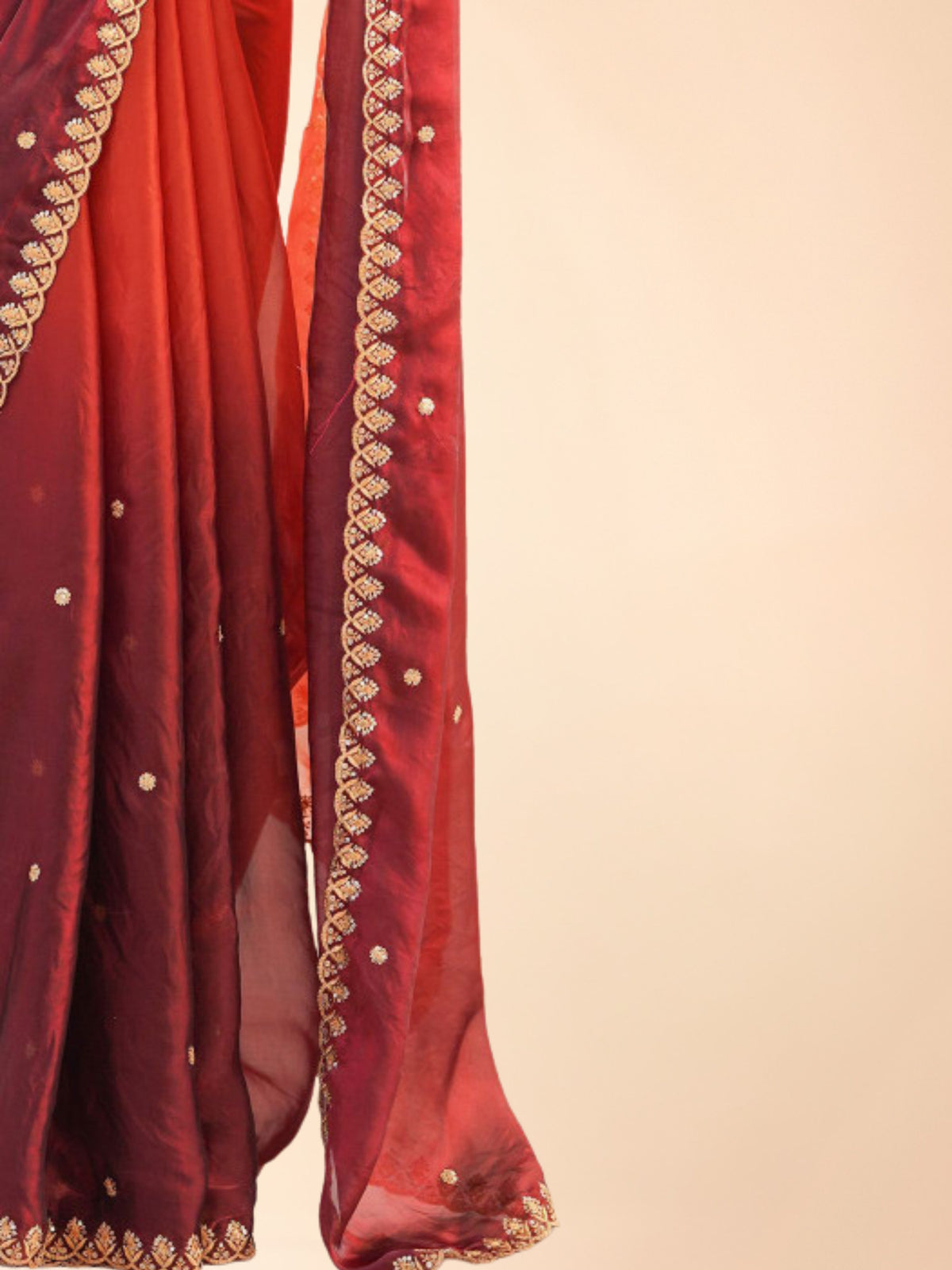Bollywood style rust orange and maroon ombre saree for petite Indian women with adjustable waist
