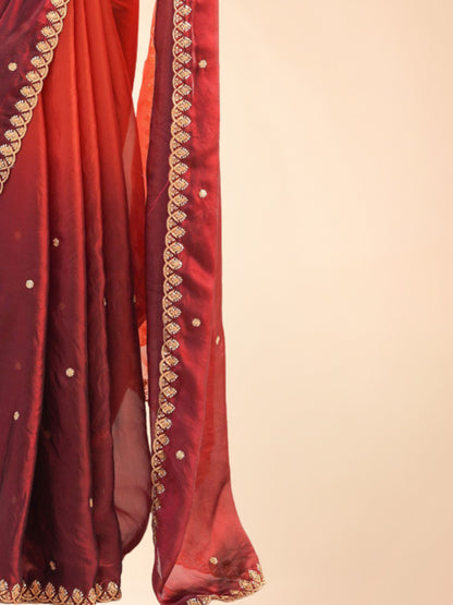 Bollywood style rust orange and maroon ombre saree for petite Indian women with adjustable waist