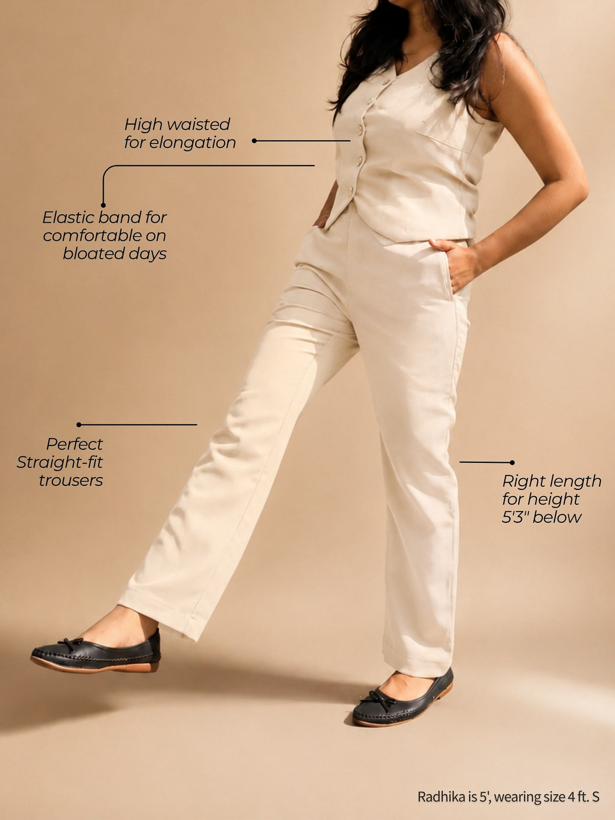 Beige waistcoat and straight-fit trousers for short girls: high waist, elastic band, right length for 5 feet 3 and under