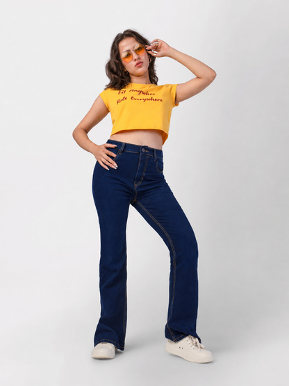 Dark blue bootcut jeans for women 5 feet 2 inches and under, high-waisted stretch