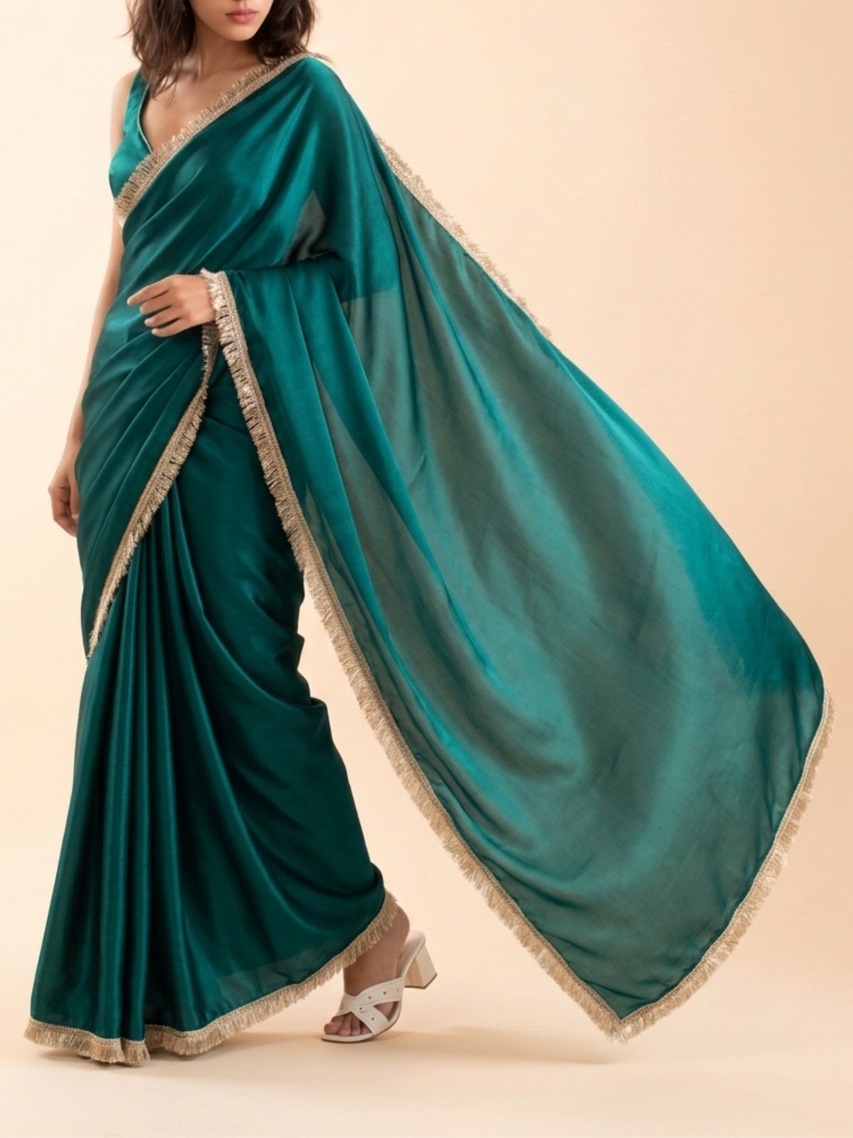 Emerald green ready-to-wear saree for short height women, no draping needed