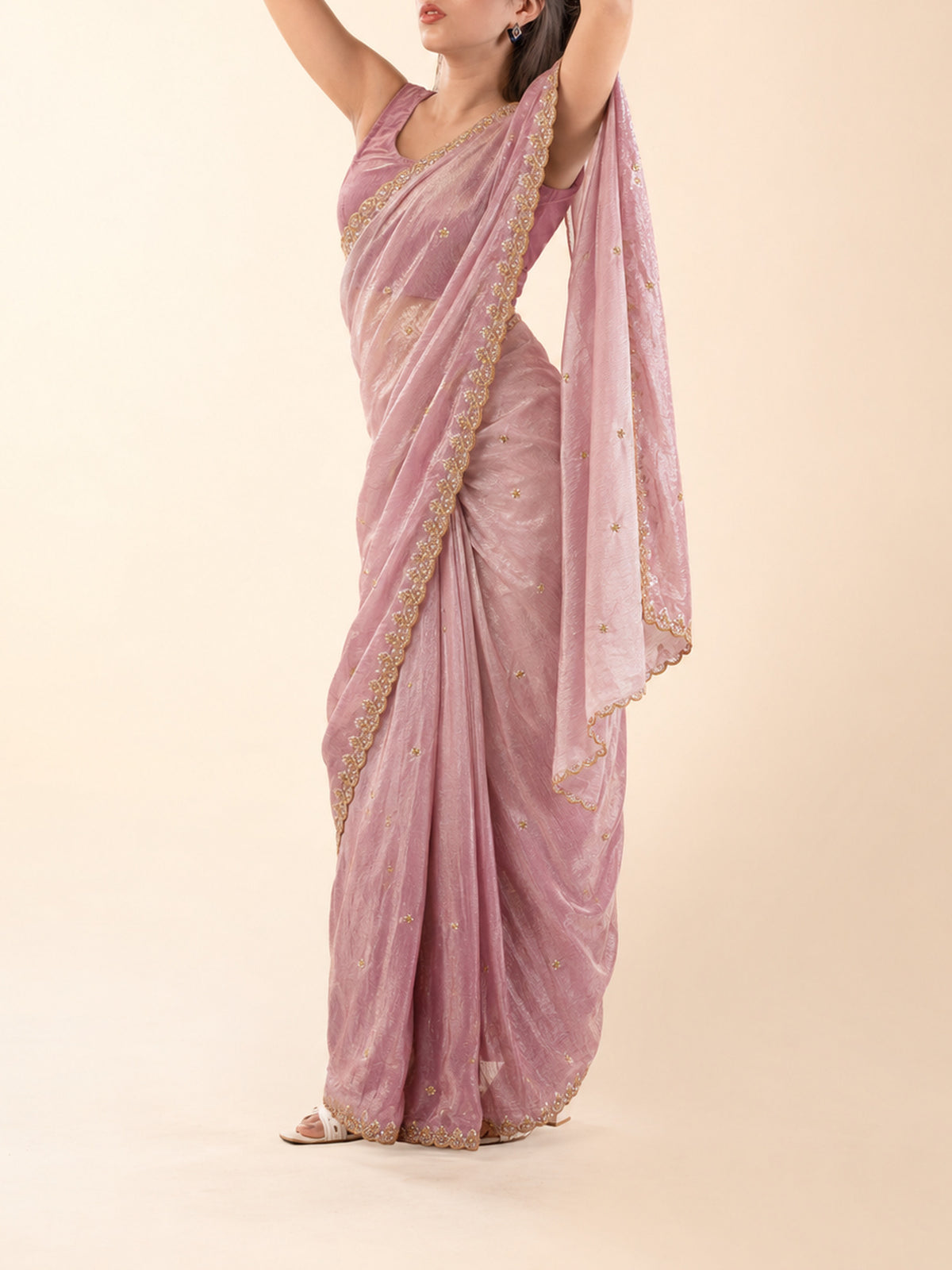 Powder pink ready-to-wear saree for short height women, no draping needed