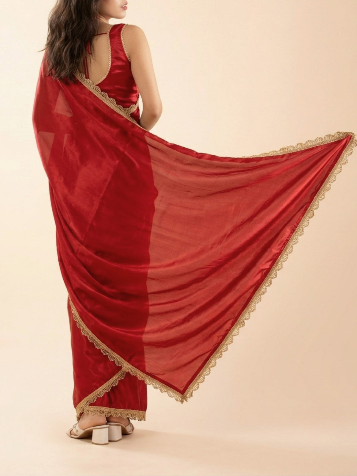 Bollywood style red saree for petite Indian women with adjustable waist