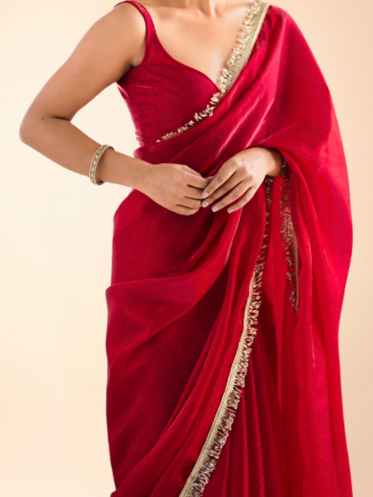 Pre-draped red saree with golden gota patti border, petite length for short girls