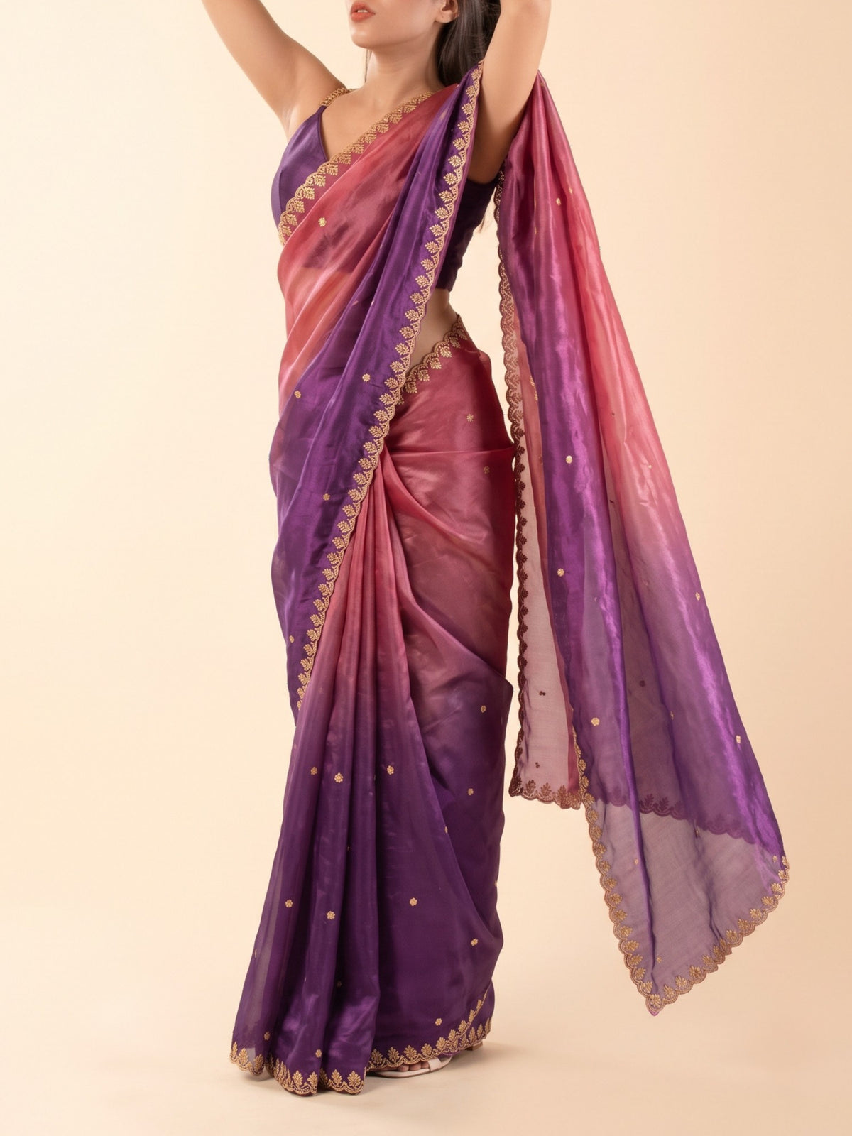 Karva Chauth saree for women 5 feet and under, pre-stitched coral pink and purple with embroidered scalloped border