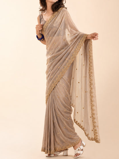 Diwali party saree for women 5 feet and under, pre-stitched champagne beige with embroidered scalloped border