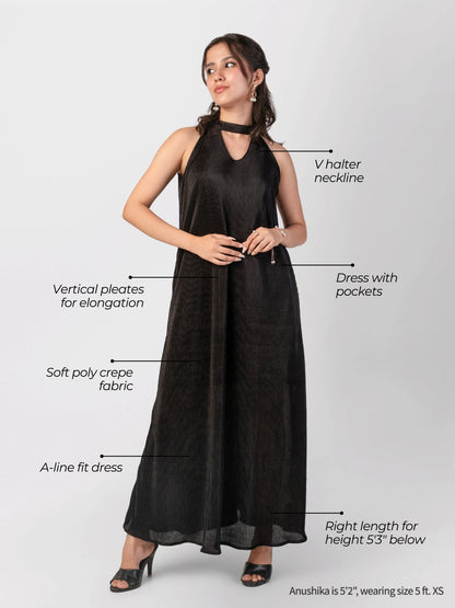 Side view of black petite silk maxi dress for short height women