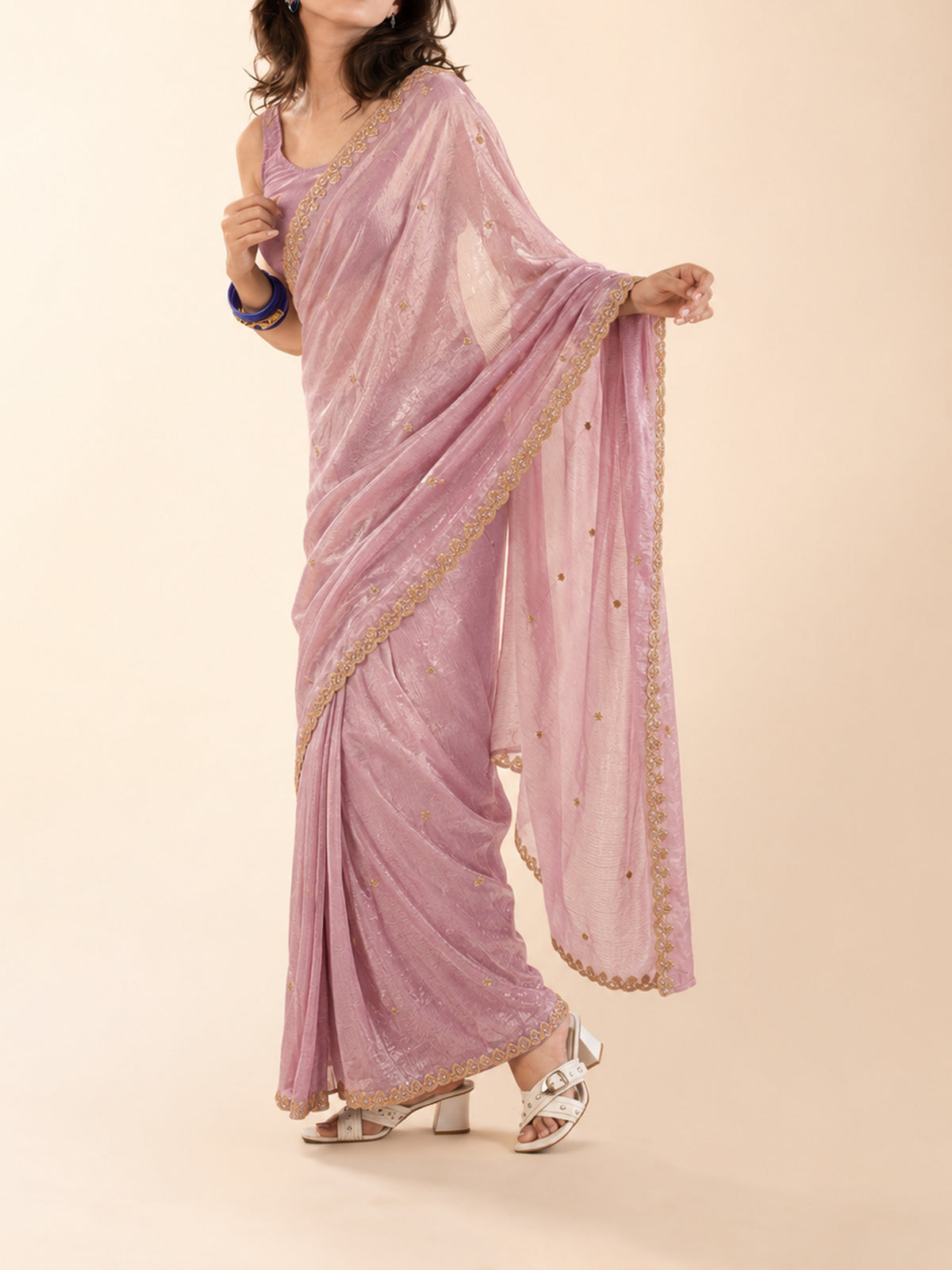 Diwali saree for women 5 feet and under, pre-stitched powder pink with embroidered scalloped border