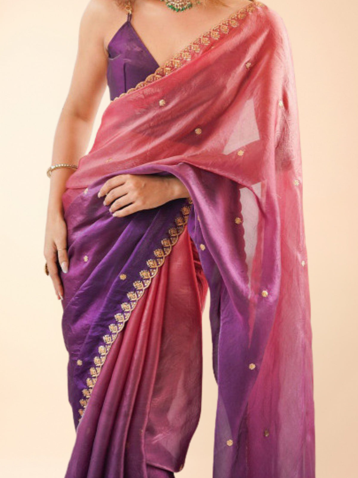 Pre-draped coral pink and purple saree with golden embroidered scalloped border, petite length for short girls