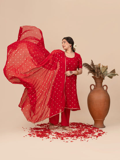 Flowy cherry red anarkali that smooths the tummy for curvy Indian women