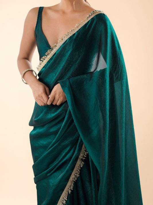Tamannaah Bhatia inspired emerald green pre-draped saree for petite women, ready to wear