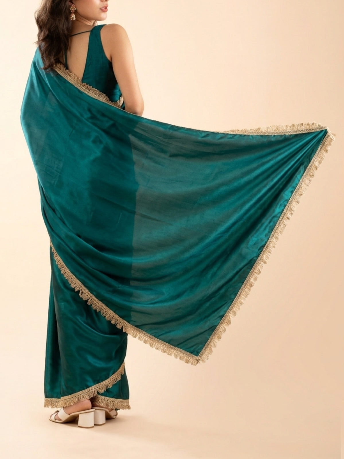Diwali saree for women 5 feet and under, pre-stitched emerald green with gota patti border