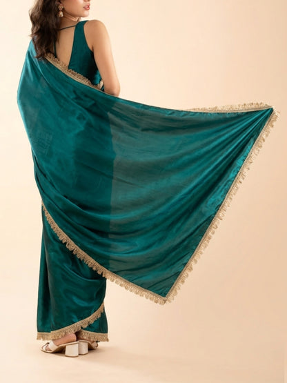 Diwali saree for women 5 feet and under, pre-stitched emerald green with gota patti border