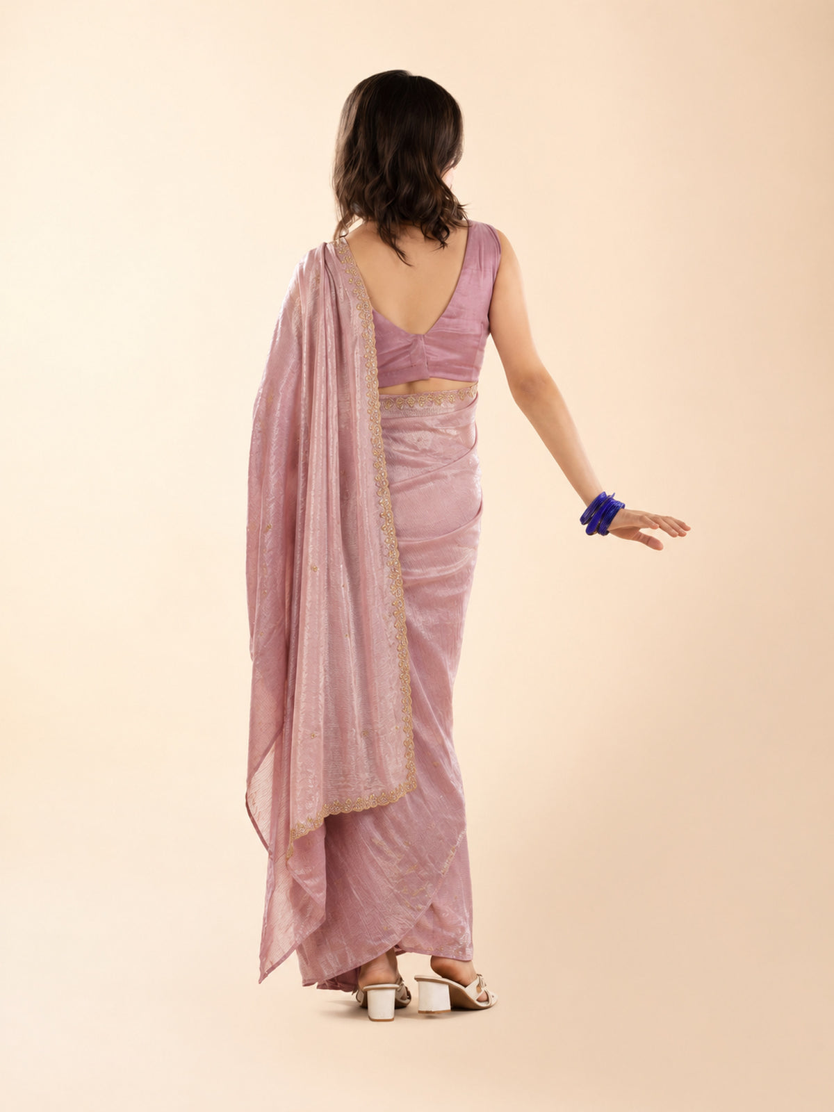 Pre-draped powder pink saree with golden embroidered scalloped border, petite length for short girls