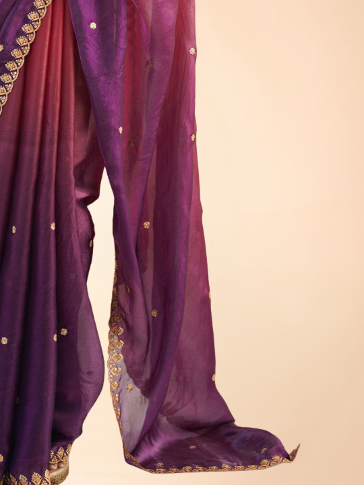 Bollywood style coral pink and purple saree for petite Indian women with adjustable waist
