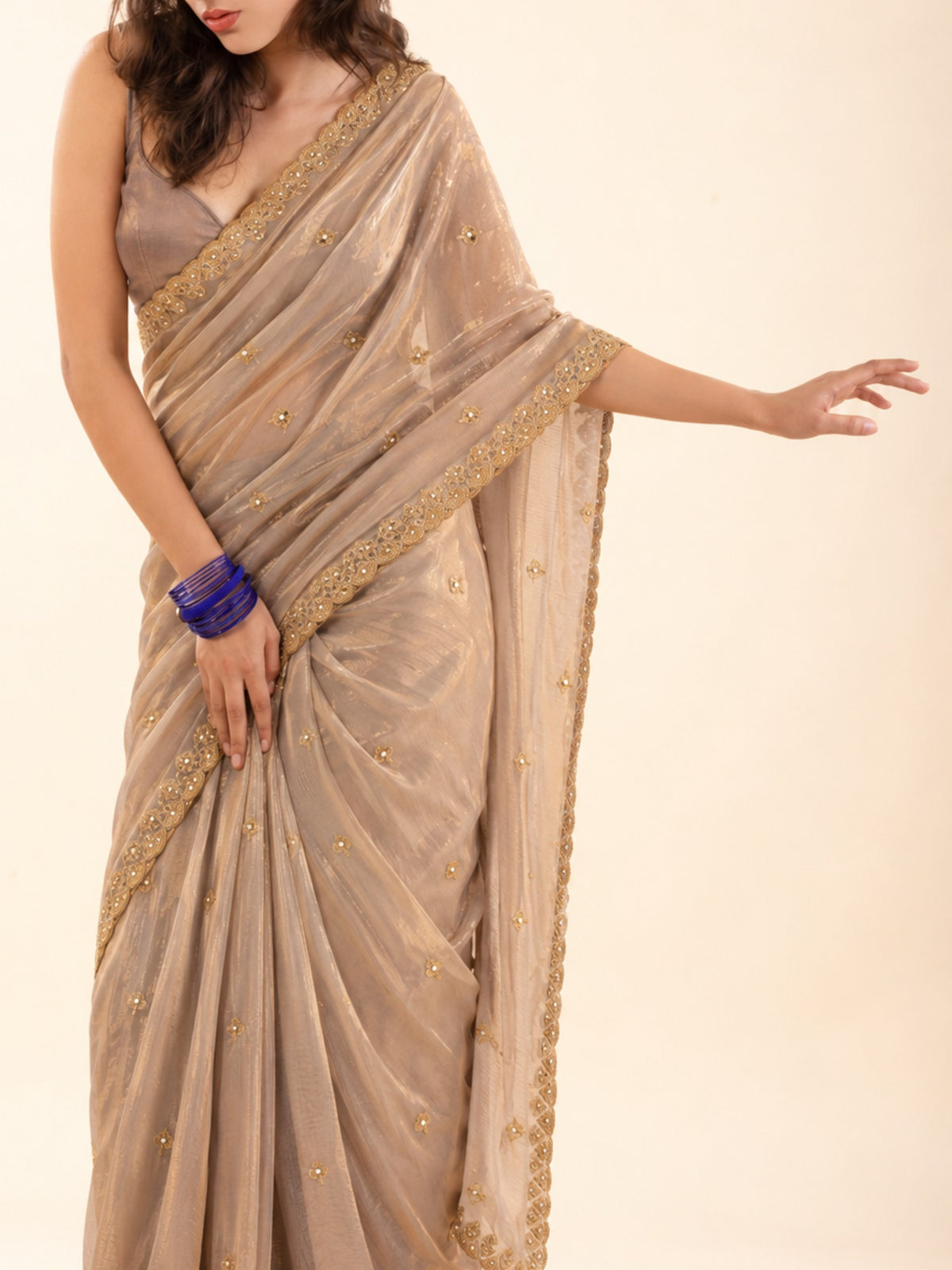 Pre-draped champagne beige saree with golden embroidered scalloped border, petite length for short girls