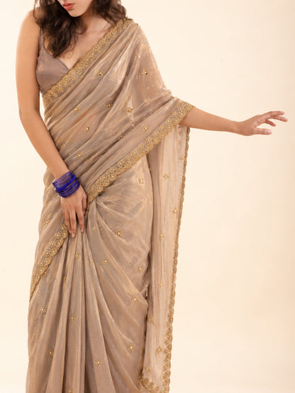 Pre-draped champagne beige saree with golden embroidered scalloped border, petite length for short girls